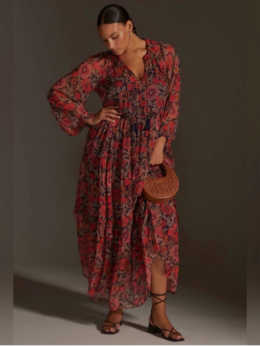 Anthropologie Red Floral Long-Sleeve Tiered Maxi Dress